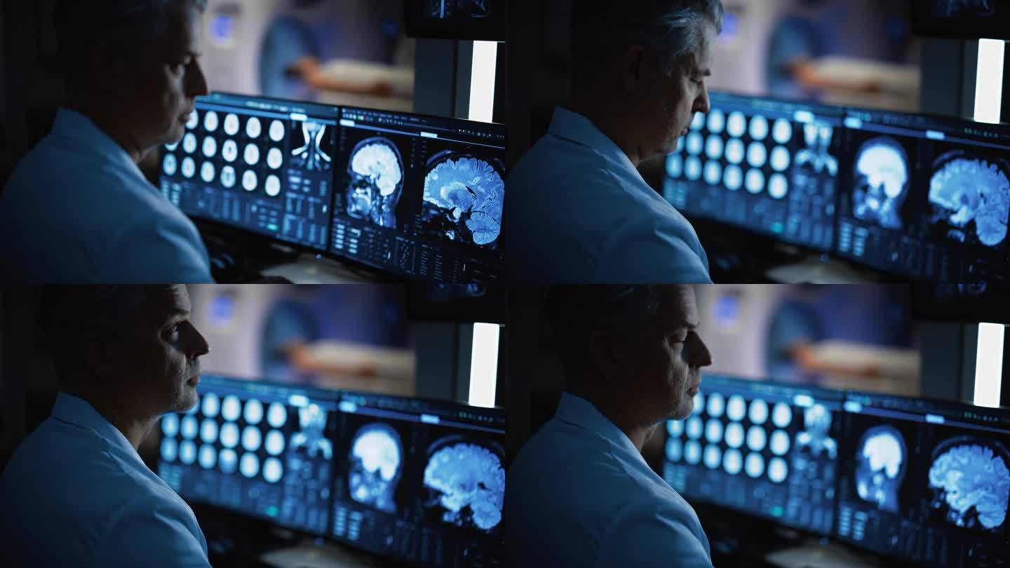 专业医生的特写，看着电脑显示器上的核磁共振或CT扫描图像，寻找脑肿瘤或癌症的迹象，试图诊断疾病
