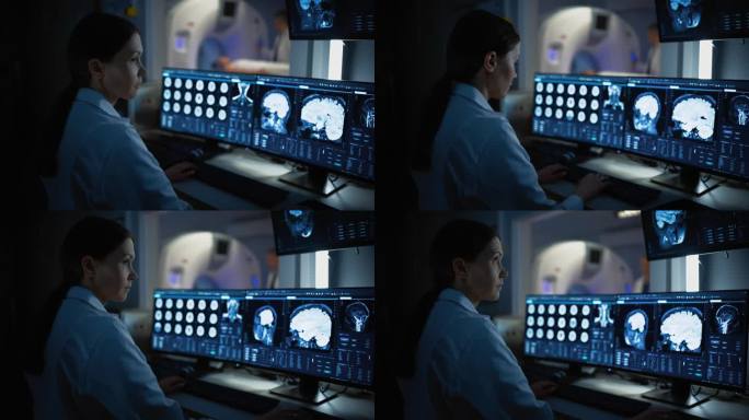 医院研究实验室:女医学家使用计算机与脑扫描MRI图像的病人在后台进行医疗过程。医疗保健服务