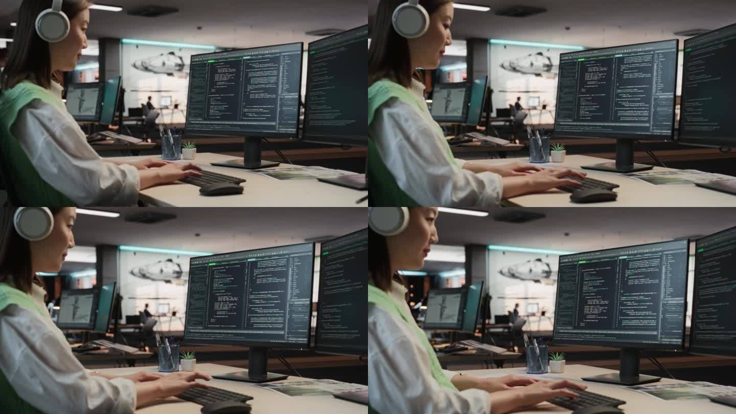 亚洲女性游戏程序员在游戏开发工作室的桌面电脑上编程。专注的女人写行代码。新沉浸式3D生存电子游戏的游