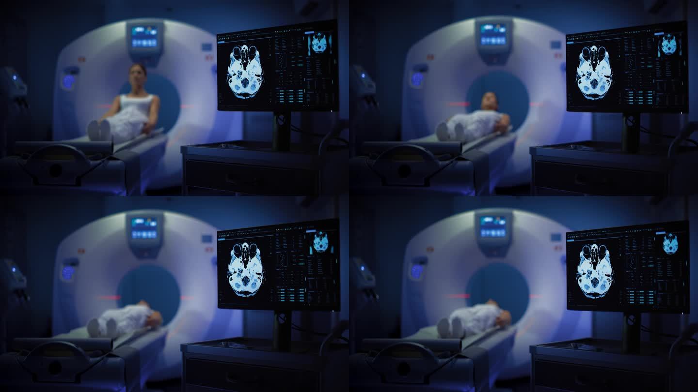 一个女性病人躺在CT或核磁共振扫描中，当机器扫描她的大脑时，床在机器内部移动。显示结果。医学实验室或