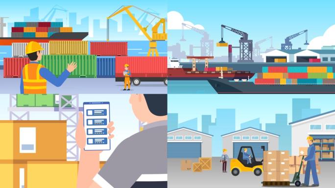 港口工厂仓库物流运输场景mg动画