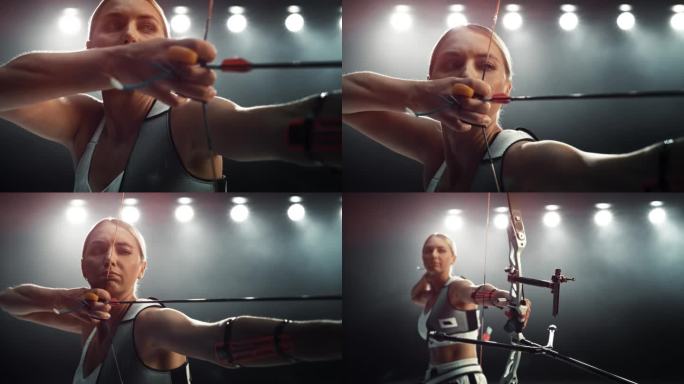 一名女射手手持现代复合弓瞄准目标的电影肖像。年轻运动员在体育场比赛或在黑暗的广告工作室里画箭和放箭