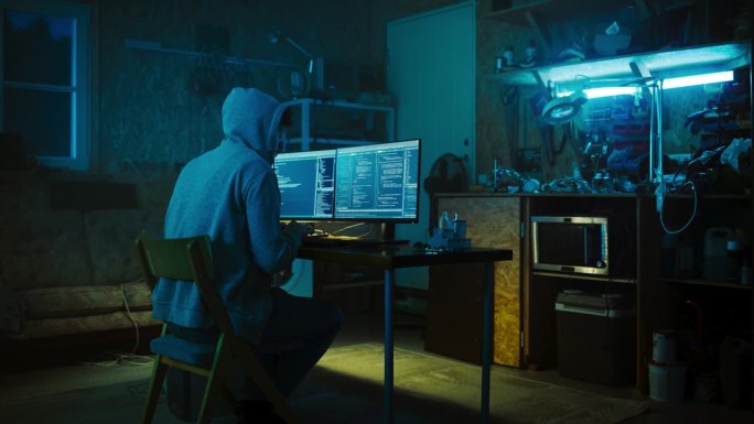 一个匿名的专业程序员在车库的深夜里，痴迷地在他的台式电脑上写代码。IT专家道德黑客工作寻找软件漏洞。