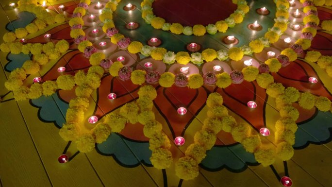金盏花Rangoli在排灯节庆祝活动期间，排灯节或屠妖节是印度最大和最重要的节日。