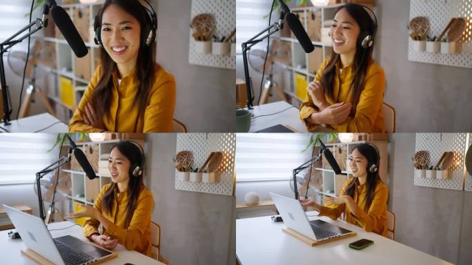 日本裔女播客，在她现代的家庭工作室录制播客