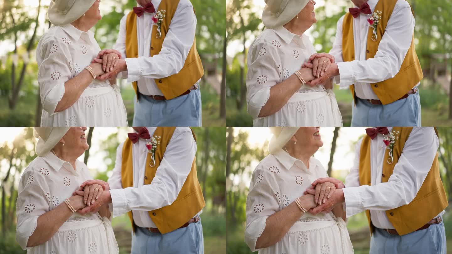 结婚时戴着结婚戒指的老人的手。