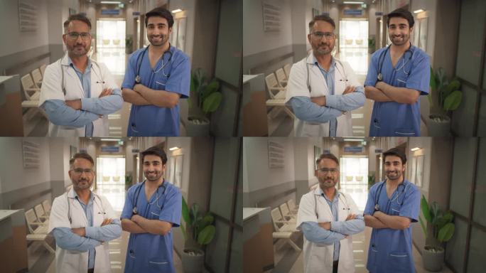 两位友好的印度医生:站在现代医院办公室里的成功男性医疗保健专业人员的团队肖像，摆姿势，看着镜头，微笑