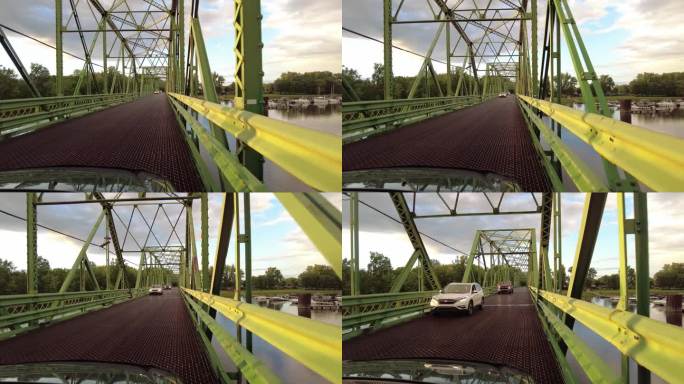 阴天在一座钢桥上的过桥视频