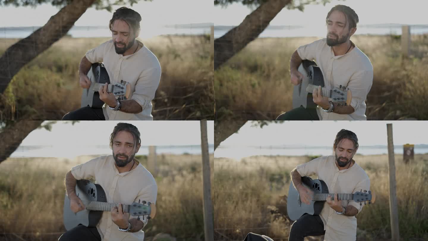 流浪音乐家在夕阳的照耀下，在路边唱着歌，弹着木吉他