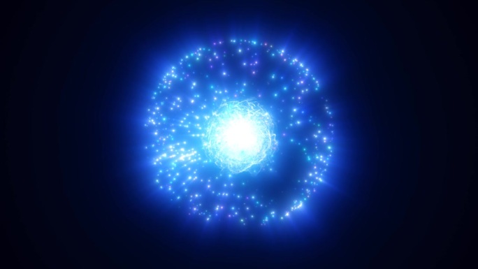 抽象的能量魔法蓝色球体球体原子圆形分子由发光的明亮的电子小的圆形粒子飞点在黑色的背景