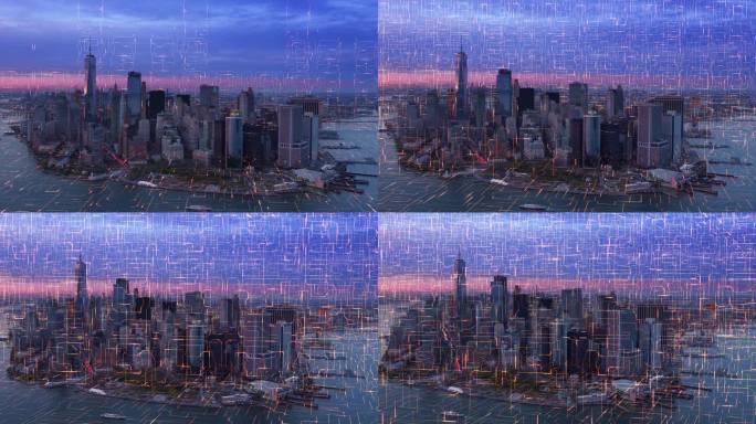 用电路板鸟瞰曼哈顿天际线。物联网。Technology-Futuristic。智慧城市概念。