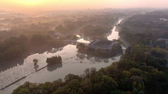 航拍扬州宋夹城瘦西湖大明寺栖灵塔日出晨雾