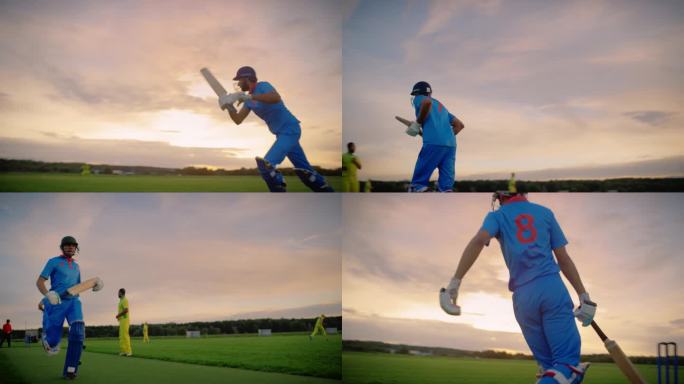 一位印度板球运动员用球棒击球的肖像。蓝队击球手将球送到外场并完成一分跑动。手持慢动作镜头