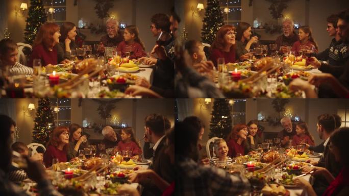 爷爷给年幼的孙女讲有趣的童年故事，孙女和来自不同文化背景的家人朋友坐在圣诞餐桌上。晚上的节日晚宴