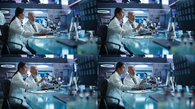 生物技术医学研究中心:亚洲女性神经学家用台式电脑与白人男性外科医生用显微镜交谈。专家开发创新的癌症治