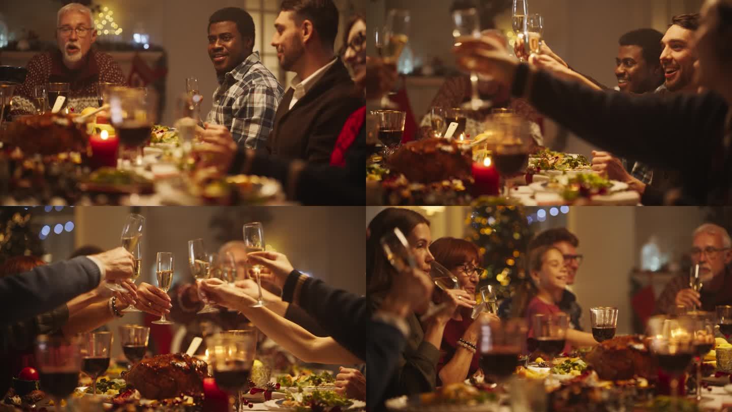 一个英俊的年轻黑人在圣诞餐桌上敬酒。家人和朋友一起吃饭，举杯共饮香槟，敬酒，庆祝寒假