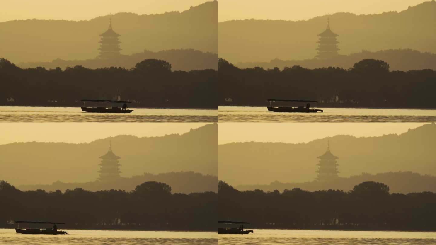 杭州西湖早晨的摇橹船手划船