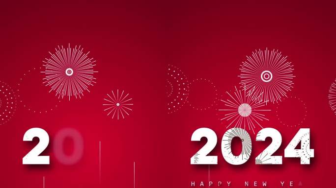 新年快乐2024与烟花概念在红色背景