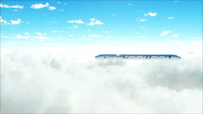 在云中飞行的旅客列车。3d人和机器人。乌托邦。未来的概念。空中美景。逼真的4k动画。