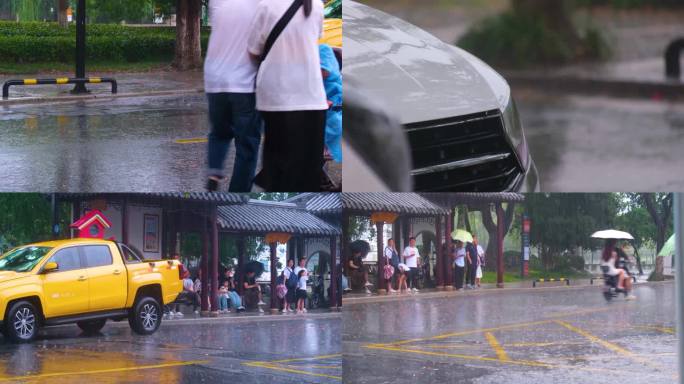 城市下暴雨下雨天雨季汽车人流街道街头街景