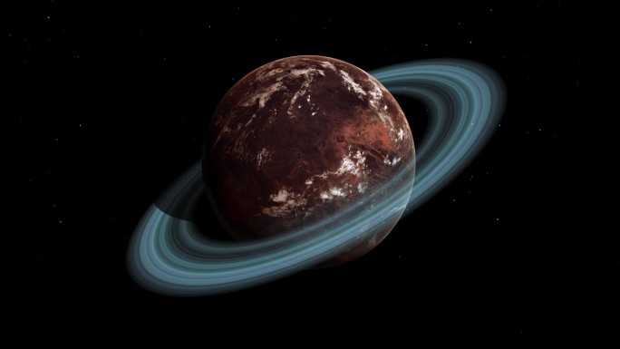 红色贫瘠的类似火星的行星，稀薄的大气层和环在太空中广角拍摄