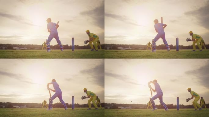 一个穿着蓝色制服和防护装备的职业板球运动员击球和防守三柱门的广角镜头。板球运动员在一个阳光明媚的下午