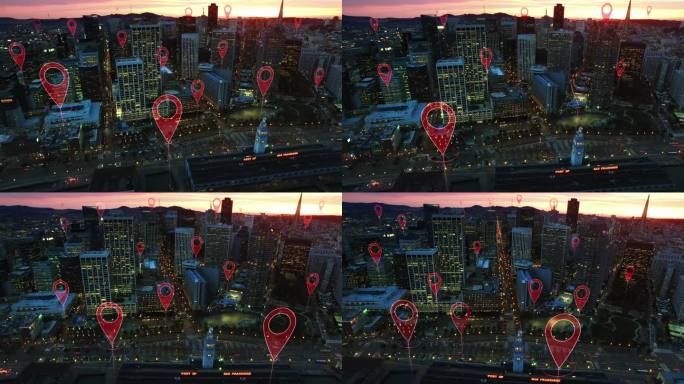 技术概念、数据通信、人工智能。空中智慧城市。连接未来城市的本地化图标。物联网。旧金山天际线。