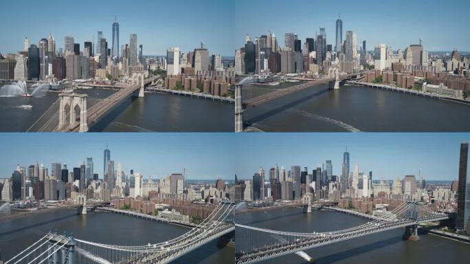 东河上标志性的纽约市景观，摩天大楼，曼哈顿和布鲁克林大桥，汽车和渡轮。电影般的城市天际线与清澈的蓝天