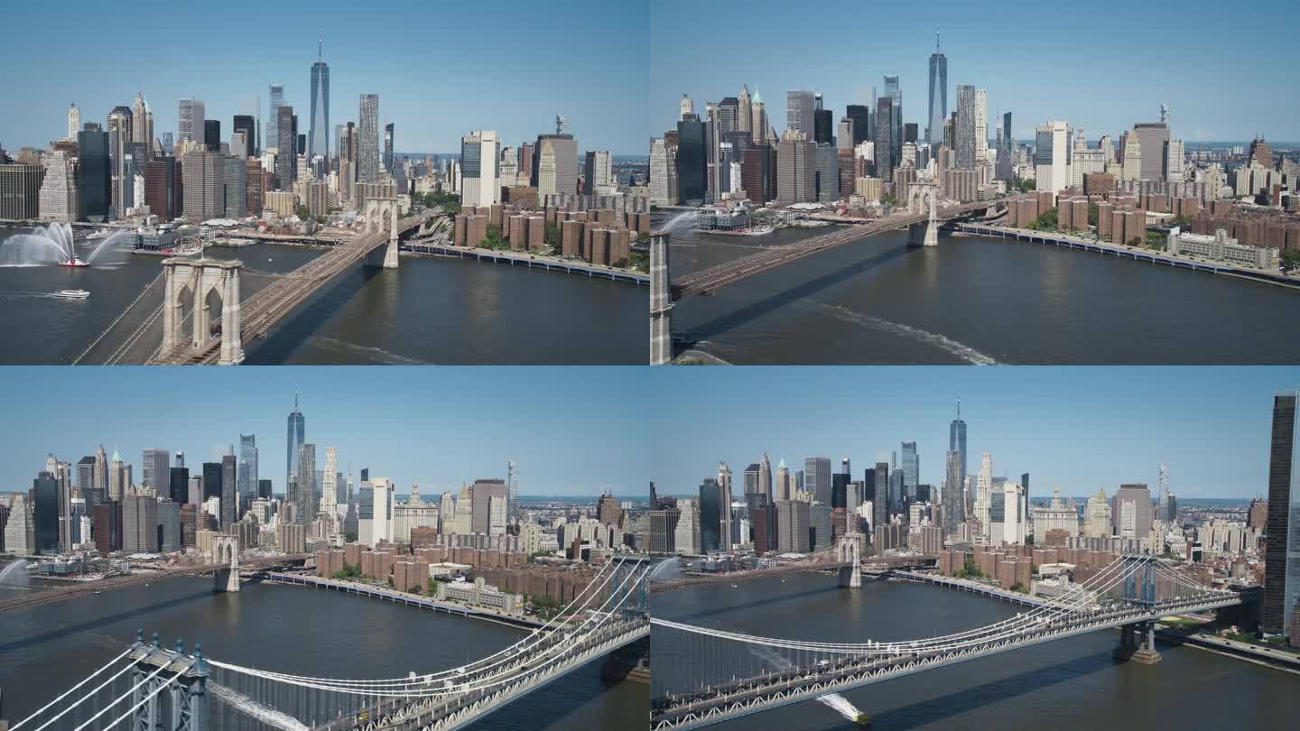 东河上标志性的纽约市景观，摩天大楼，曼哈顿和布鲁克林大桥，汽车和渡轮。电影般的城市天际线与清澈的蓝天