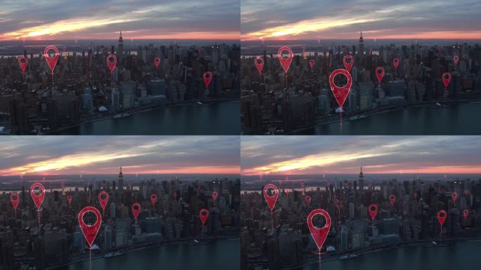 连接未来城市的本地化图标。技术理念、数据通信、人工智能、物联网。空中智慧城市。纽约的天际线。