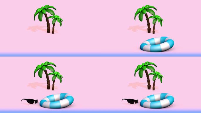 海边的两棵棕榈树，沙滩上的太阳镜和充气戒指。3D夏季动画。
