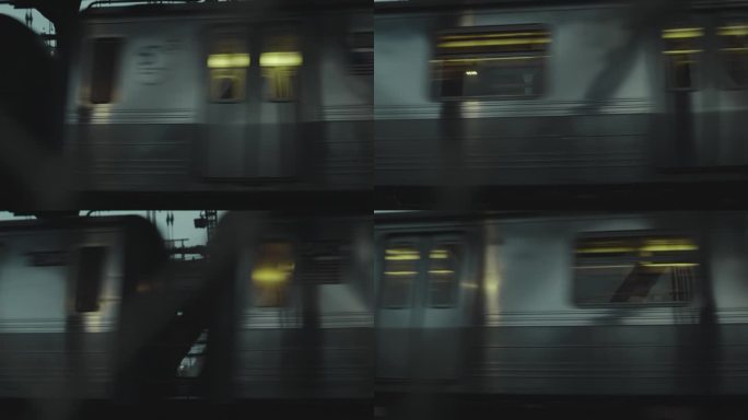 纽约一列经过的地铁列车的特写镜头。运动中的公共交通概念。下午桥上的交通工具。来自美国的旅游录像