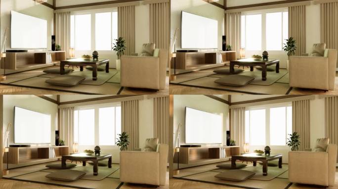 日本风格的木制房间榻榻米上的矮桌和枕头。三维渲染
