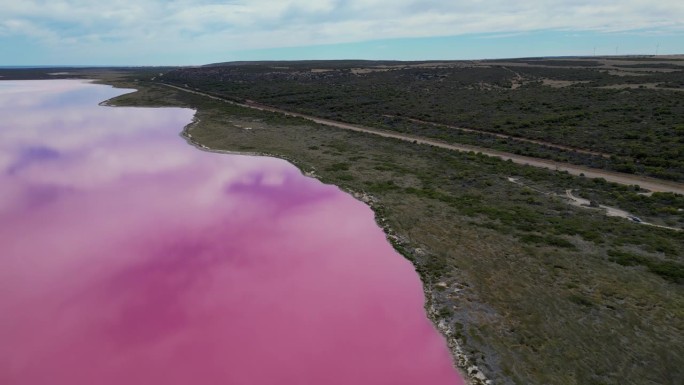 电影鸟瞰赫特湖粉红湖，赫特湖海洋盐湖在珊瑚海岸附近的格雷戈里港，澳大利亚