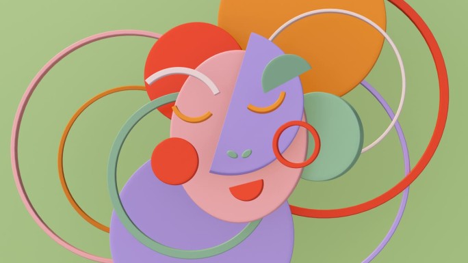 彩色抽象的人脸和圆形。有趣的角色。3 d动画。