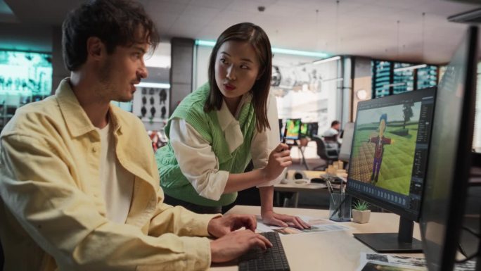 白人男性游戏设计师使用桌面电脑和3D软件，在游戏开发工作室办公室与亚洲女性游戏工程师交谈。电影旋转旋