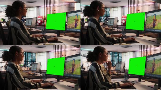 女性黑人游戏设计师使用带有绿屏Chromakey的台式电脑，在RPG视频游戏的3D建模软件中设计角色