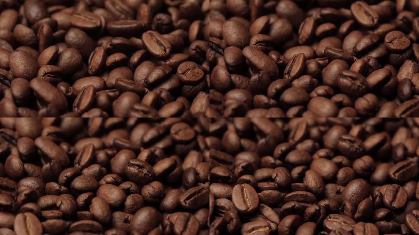 咖啡豆。镜头慢慢向下移动，显示烘焙咖啡豆的特写