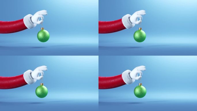 3d动画，搞笑的卡通圣诞老人手臂从左边出现，拿着绿色的玻璃球装饰，孤立在蓝色的背景上。圣诞动画壁纸