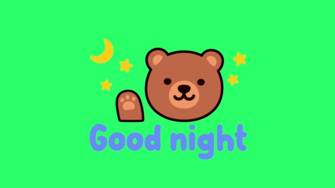 动画棕色熊脸与文字晚安绿色背景。