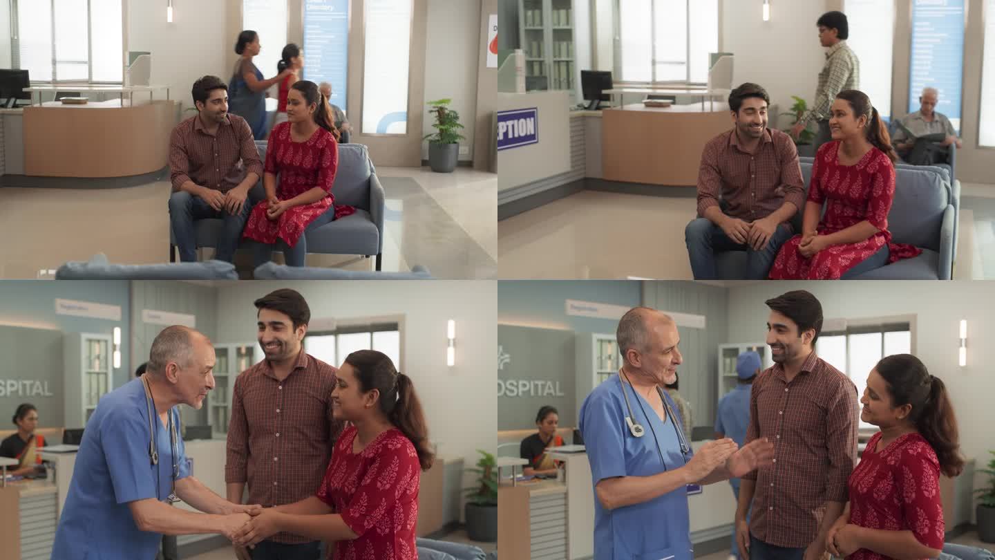 在一家现代化的当地医院里，一位印度医生与他的病人和她的丈夫谈话，向他们保证化验结果。医生与一对年轻夫