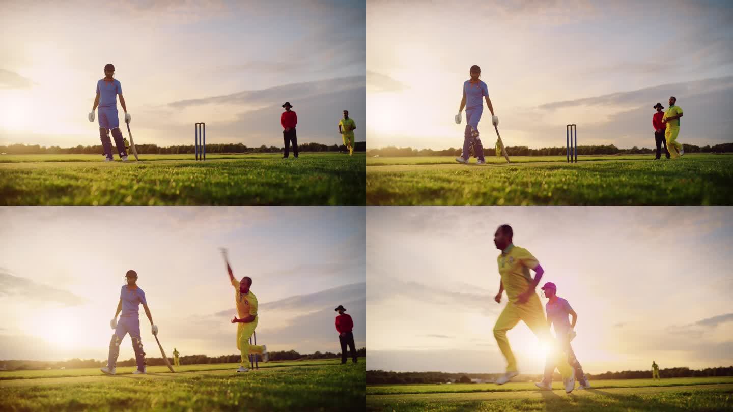 穿着黄绿制服的印度板球投球手在球场上奔跑和投球。印度专业队伍在国际比赛前进行训练。慢动作镜头