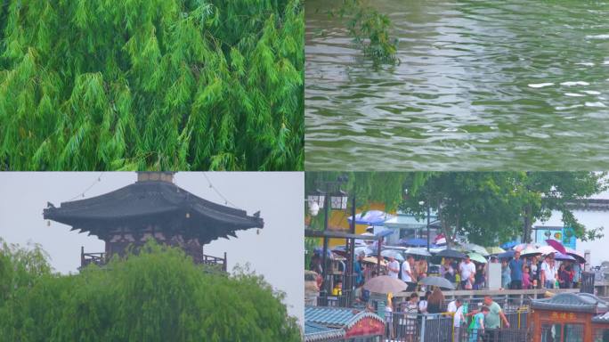 江苏苏州姑苏寒山寺江南水乡下雨季游客风景