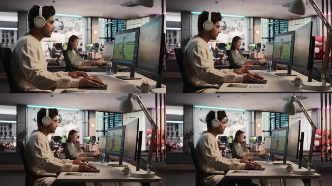 印度男性游戏开发者使用桌面电脑和3D建模软件为身临其境的生存视频游戏设计角色和世界。在游戏设计工作室