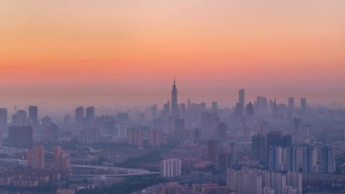 航拍清晨南京长江大桥日出车流铁路紫峰