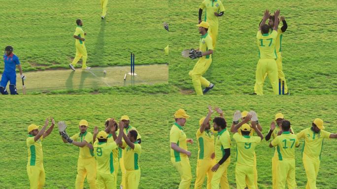身着黄色制服的南亚板球队庆祝战胜对手。投球手和投球手互相击掌欢呼。体育广播频道电视慢动作回放
