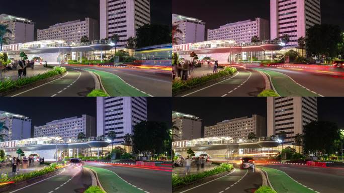 夜间照明雅加达市中心著名的交通街道公共交通站全景4k延时印度尼西亚