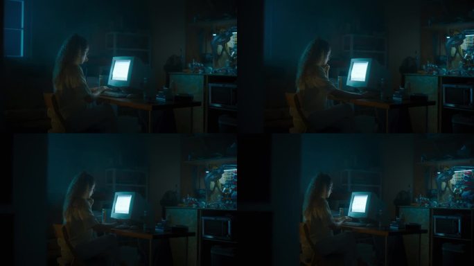 西班牙裔女程序员深夜在复古车库使用旧台式电脑。白帽黑客搜索软件漏洞，编码网络安全系统，90年代数据保
