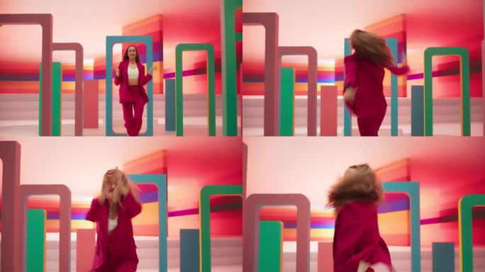 放大:在工作室环境中，专业舞者在彩色背景的大数字Led墙屏幕前表演舞蹈的肖像。她正在与装饰道具互动