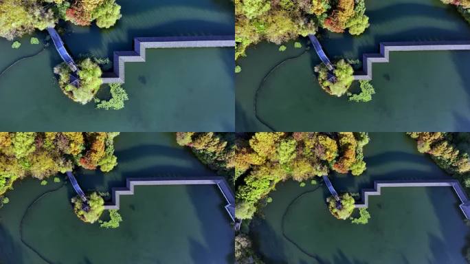 俯拍杭州西湖浴鹄湾霁虹桥秋色